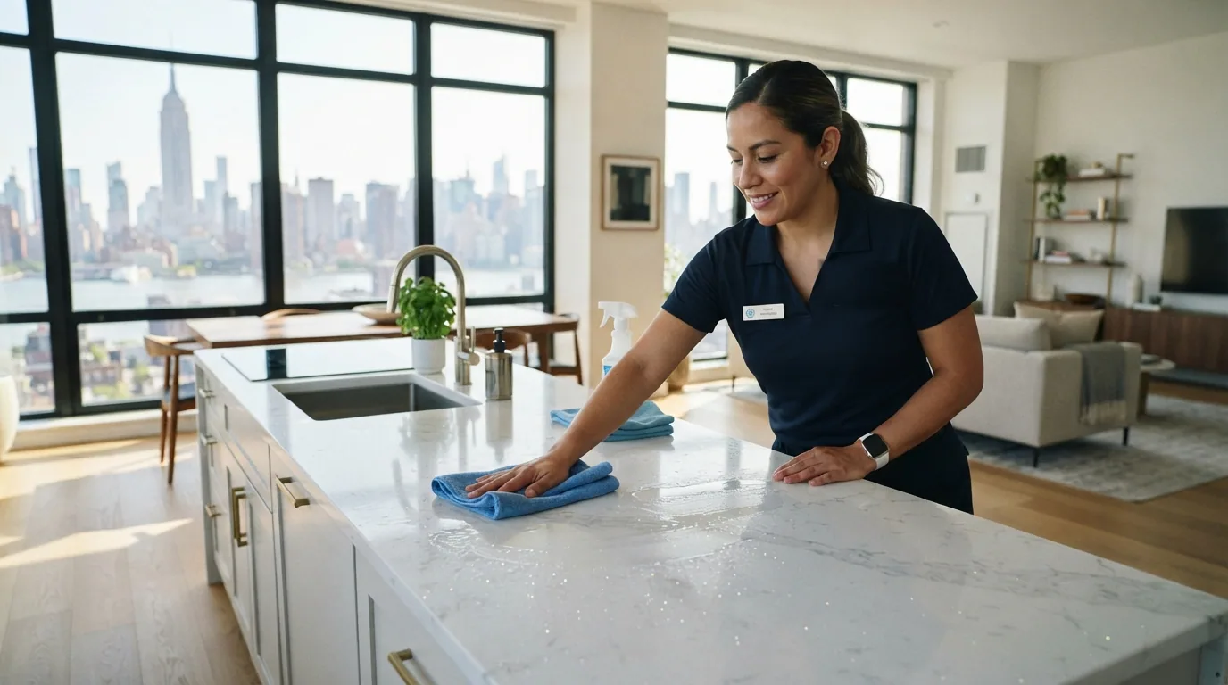 Cleaning specialist finishing a kitchen counter in a Middle Village home
